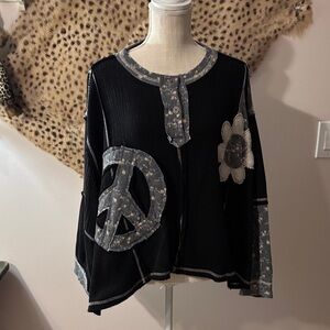 Pol Top, very Boho, cardigan with sown on appliqué. Flower and Peace sign.